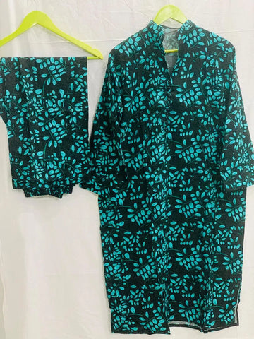 2 Pcs Women's Stitched Printed Shirt And Trouser (Turquoise)