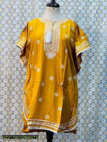 1 Pc Women's Stitched Linen Block Printed Frock (Yellow)