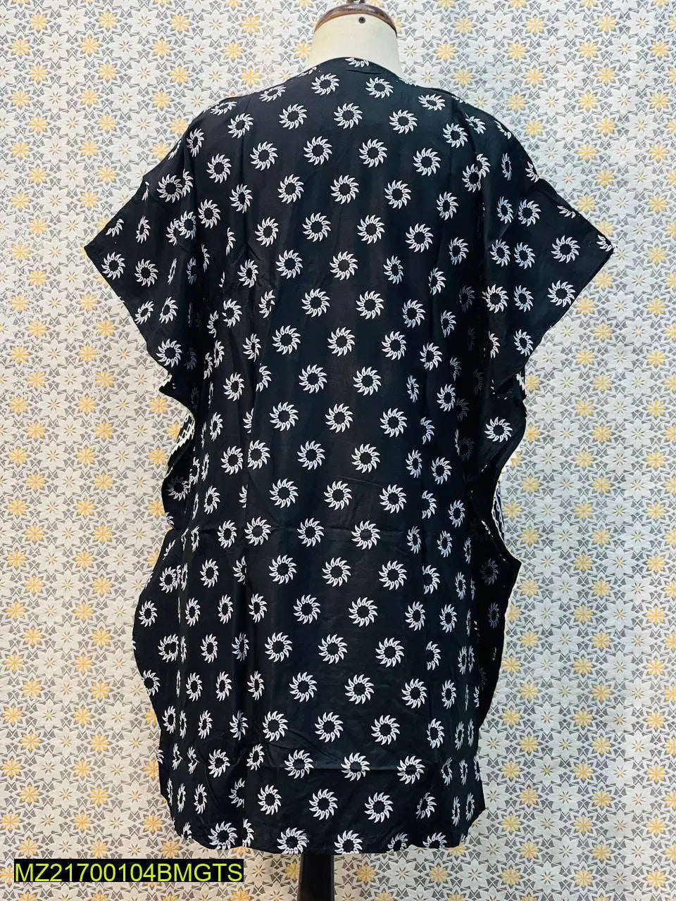 Kaftan Style Stitched Linen Frock (Black)