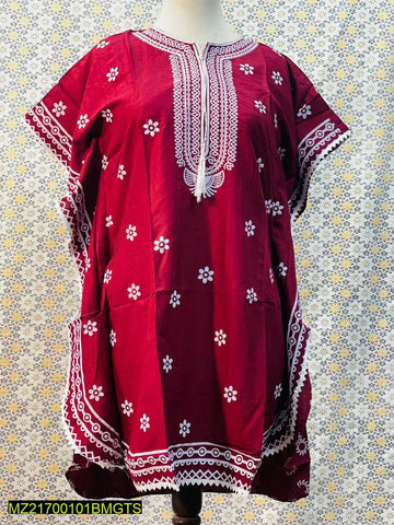 1 Pc Women's Stitched Linen Block Printed Frock (Maroon)