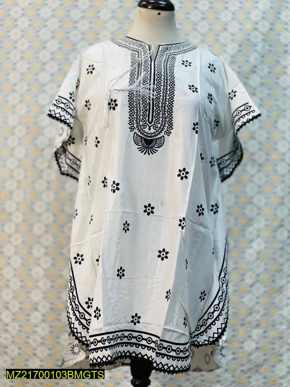 Kaftan Style Stitched Linen Frock (White)