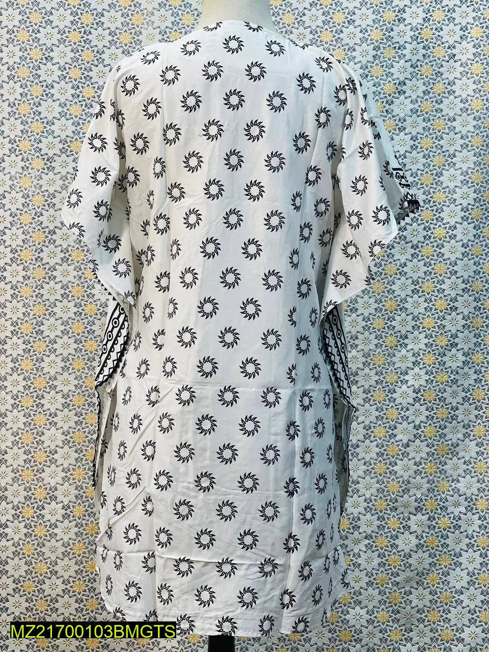 Kaftan Style Stitched Linen Frock (White)