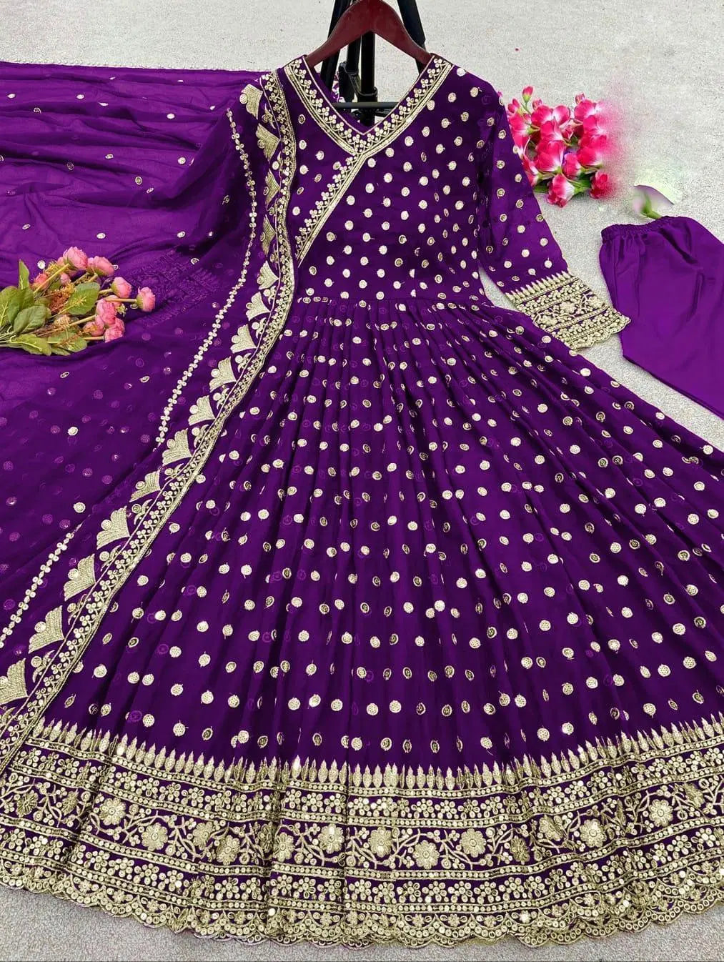 3 Pcs Women's Stitched Embroidered Maxi Suit (Purple)