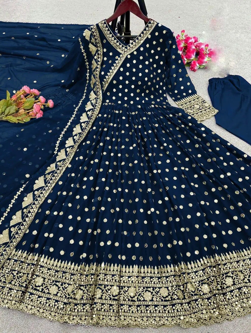 3 Pcs Women's Stitched Embroidered Maxi Suit (Blue)
