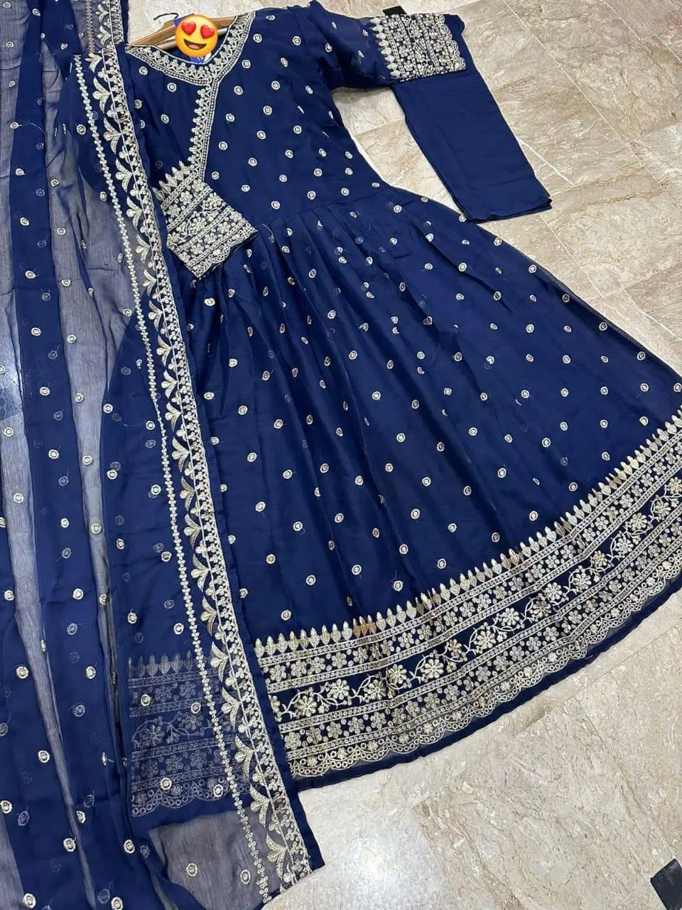 3 Pcs Women's Stitched Embroidered Maxi Suit (Blue)