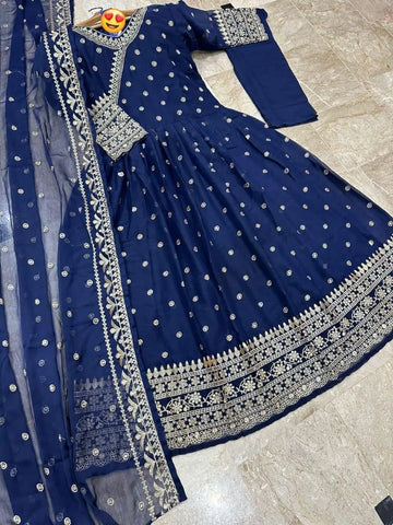 3 Pcs Women's Stitched Embroidered Maxi Suit (Blue)