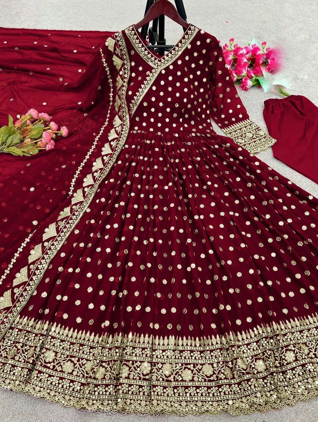 3 Pcs Women's Stitched Embroidered Maxi Suit (Maroon)