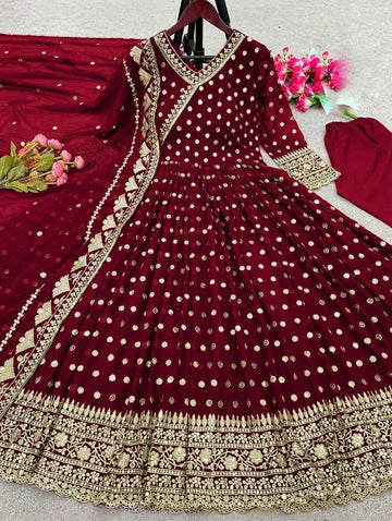 3 Pcs Women's Stitched Embroidered Maxi Suit (Maroon)