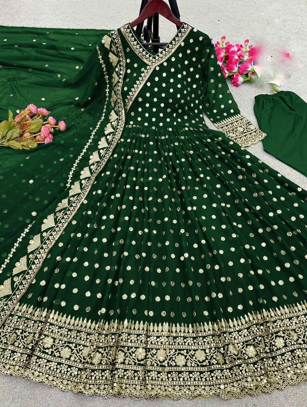 3 Pcs Women's Stitched Embroidered Maxi Suit (Green)