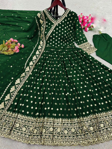 3 Pcs Women's Stitched Embroidered Maxi Suit (Green)
