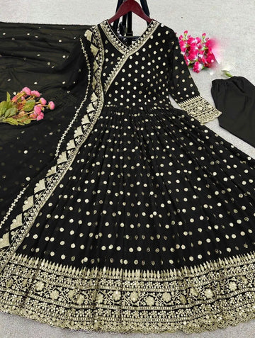 3 Pcs Women's Stitched Embroidered Maxi Suit (Black)