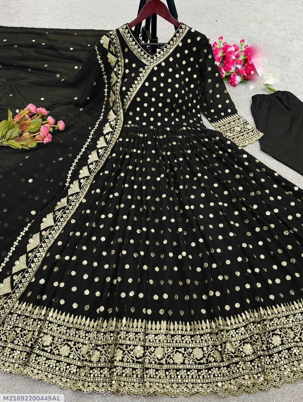 3 Pcs Women's Stitched Embroidered Maxi Suit (Black)