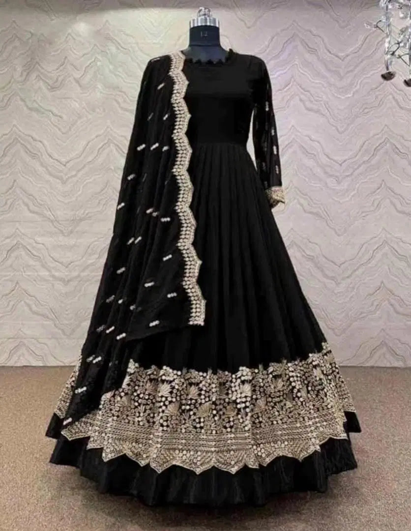 3 Pcs Women's Stitched Embroidered Maxi Suit (Black)