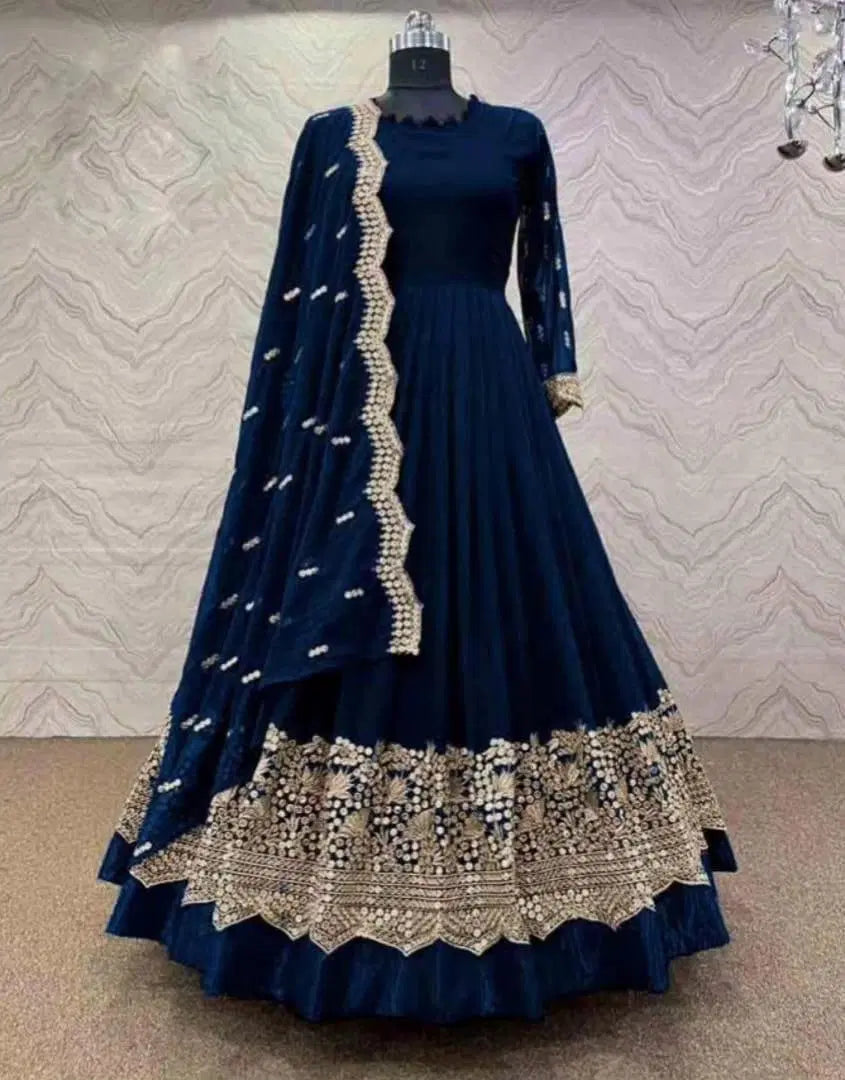 3 Pcs Women's Stitched Embroidered Maxi Suit (Blue)