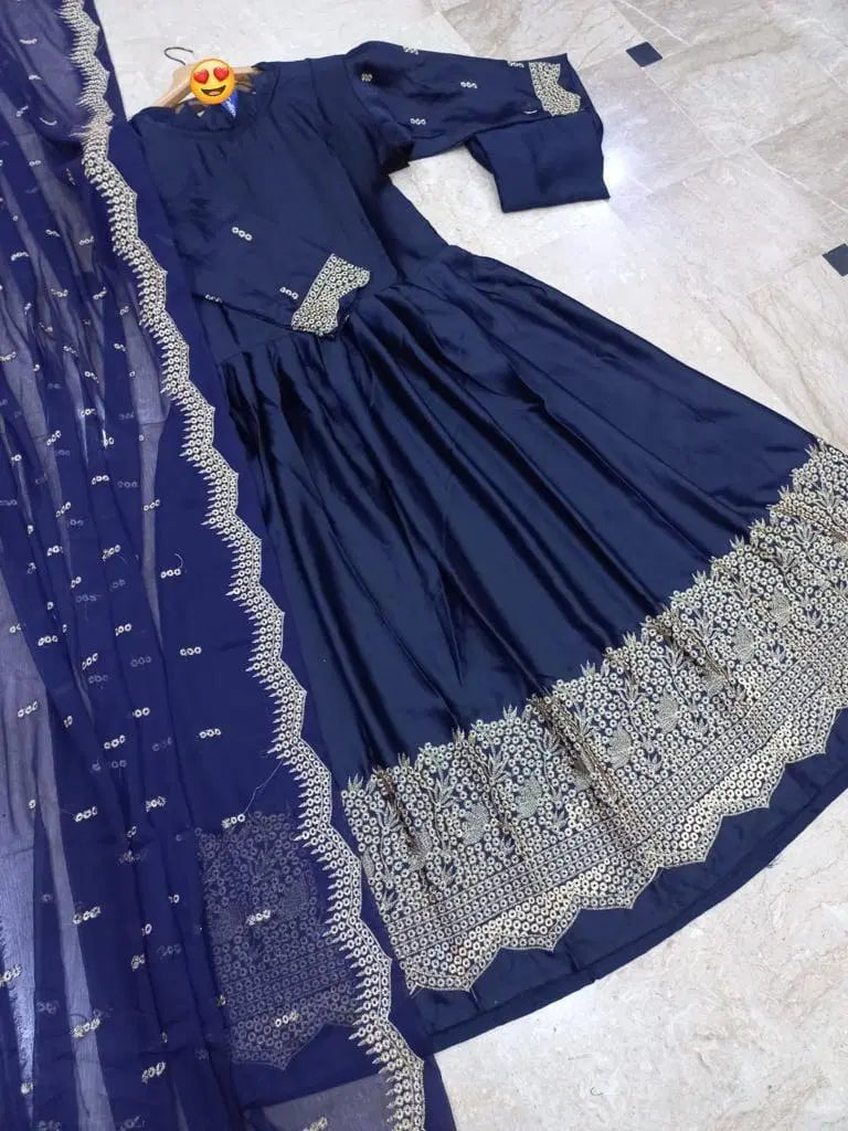 3 Pcs Women's Stitched Embroidered Maxi Suit (Blue)