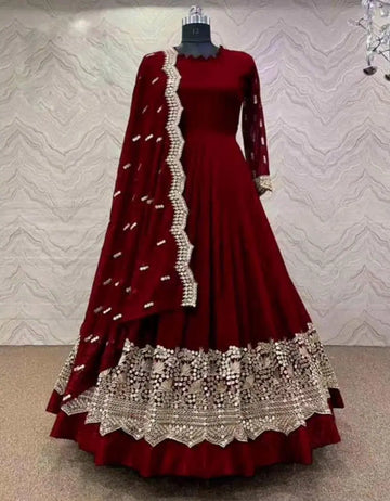 3 Pcs Women's Stitched Embroidered Maxi Suit (Maroon)
