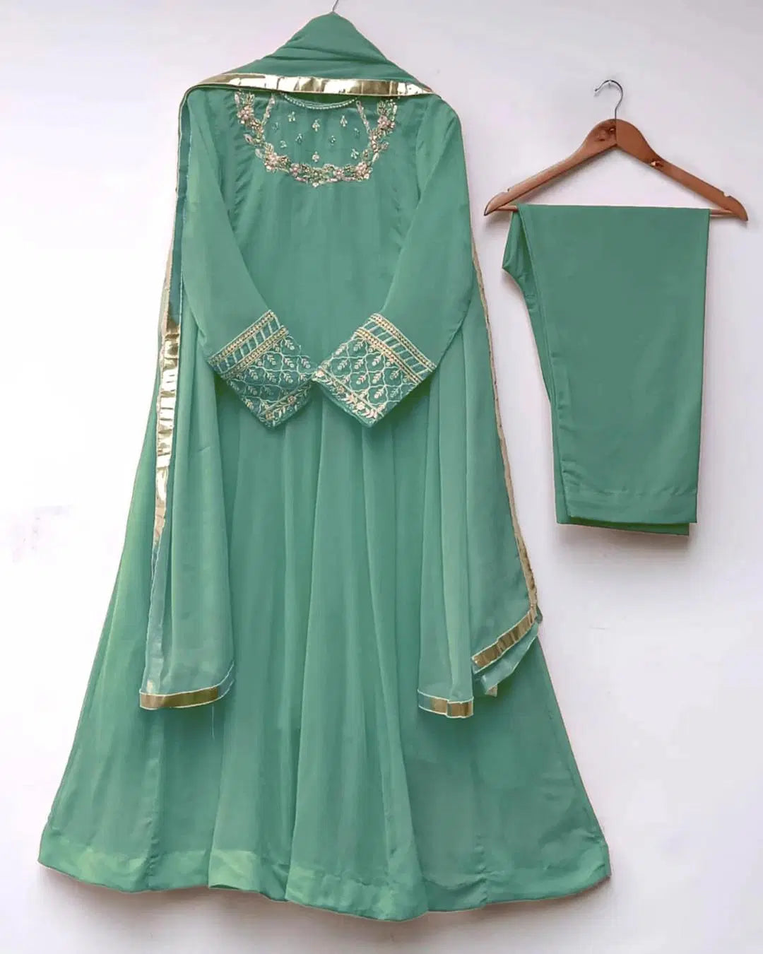 3 Pcs Women's Stitched Hand Work Maxi And Trouser (Green)