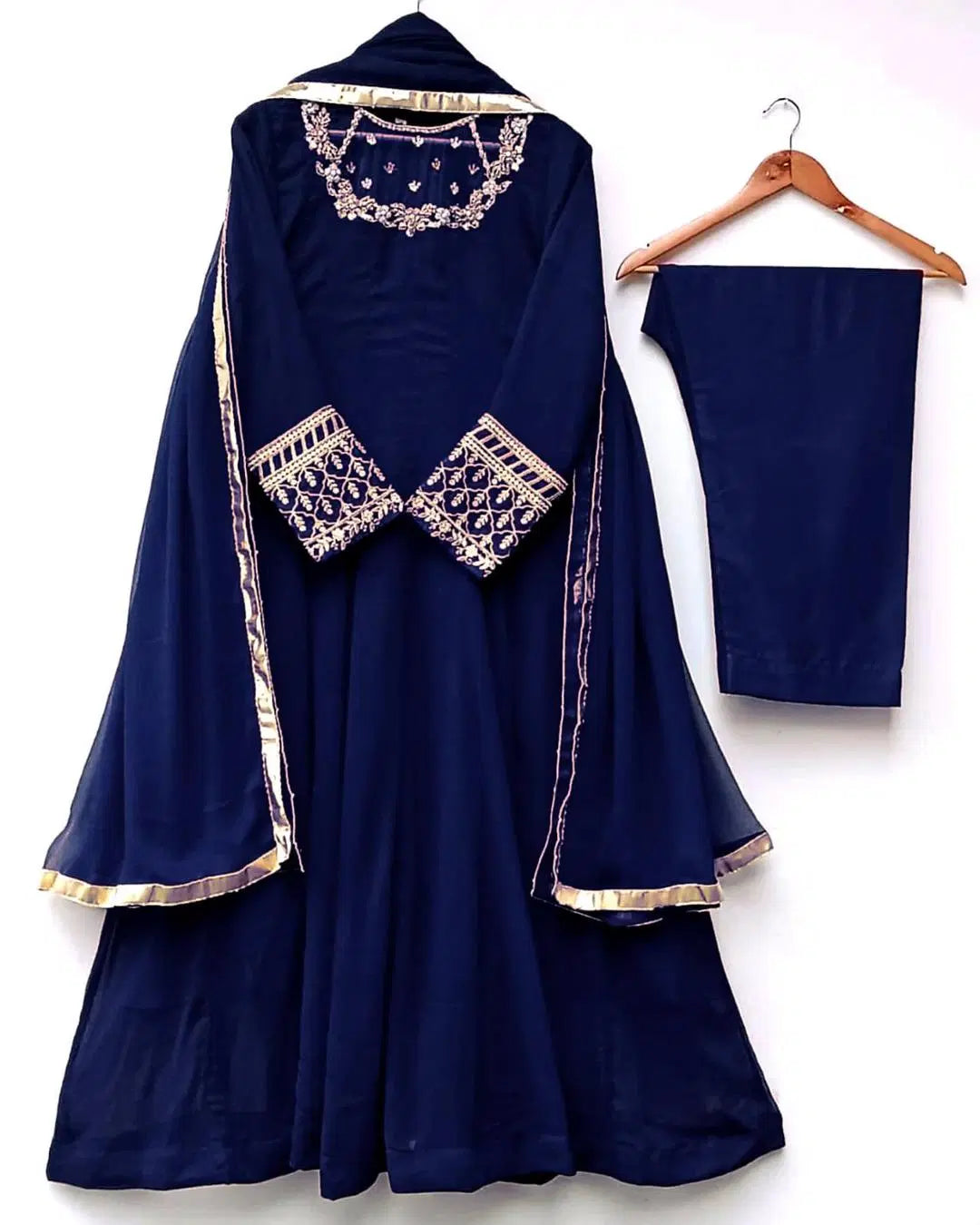 3 Pcs Women's Stitched Hand Work Maxi And Trouser (Blue)