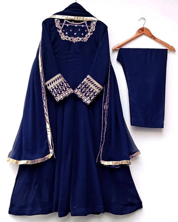 3 Pcs Women's Stitched Hand Work Maxi And Trouser (Blue)