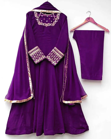 3 Pcs Women's Stitched Hand Work Maxi And Trouser (Purple)