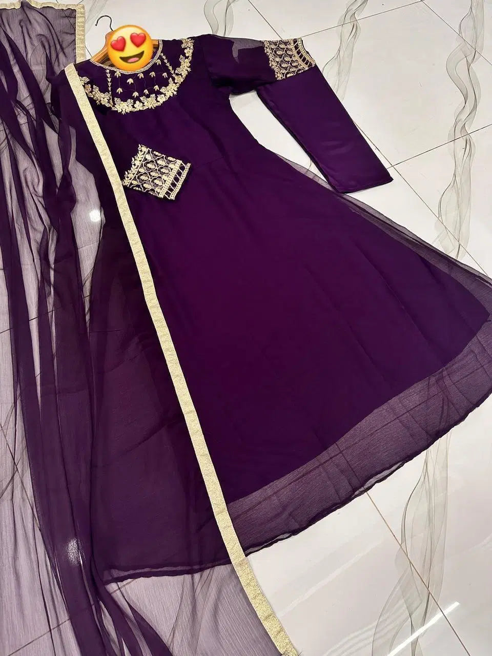 3 Pcs Women's Stitched Hand Work Maxi And Trouser (Purple)