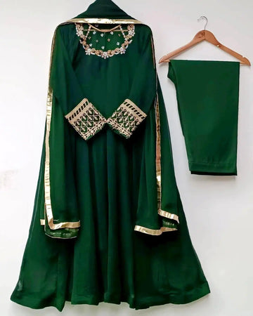 3 Pcs Women's Stitched Hand Work Maxi And Trouser (Green)