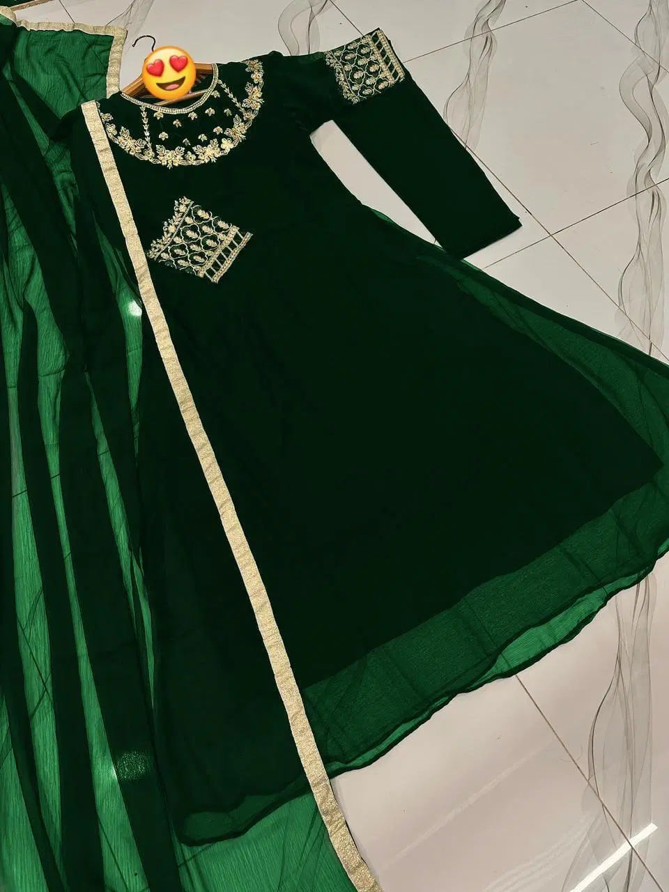3 Pcs Women's Stitched Hand Work Maxi And Trouser (Green)