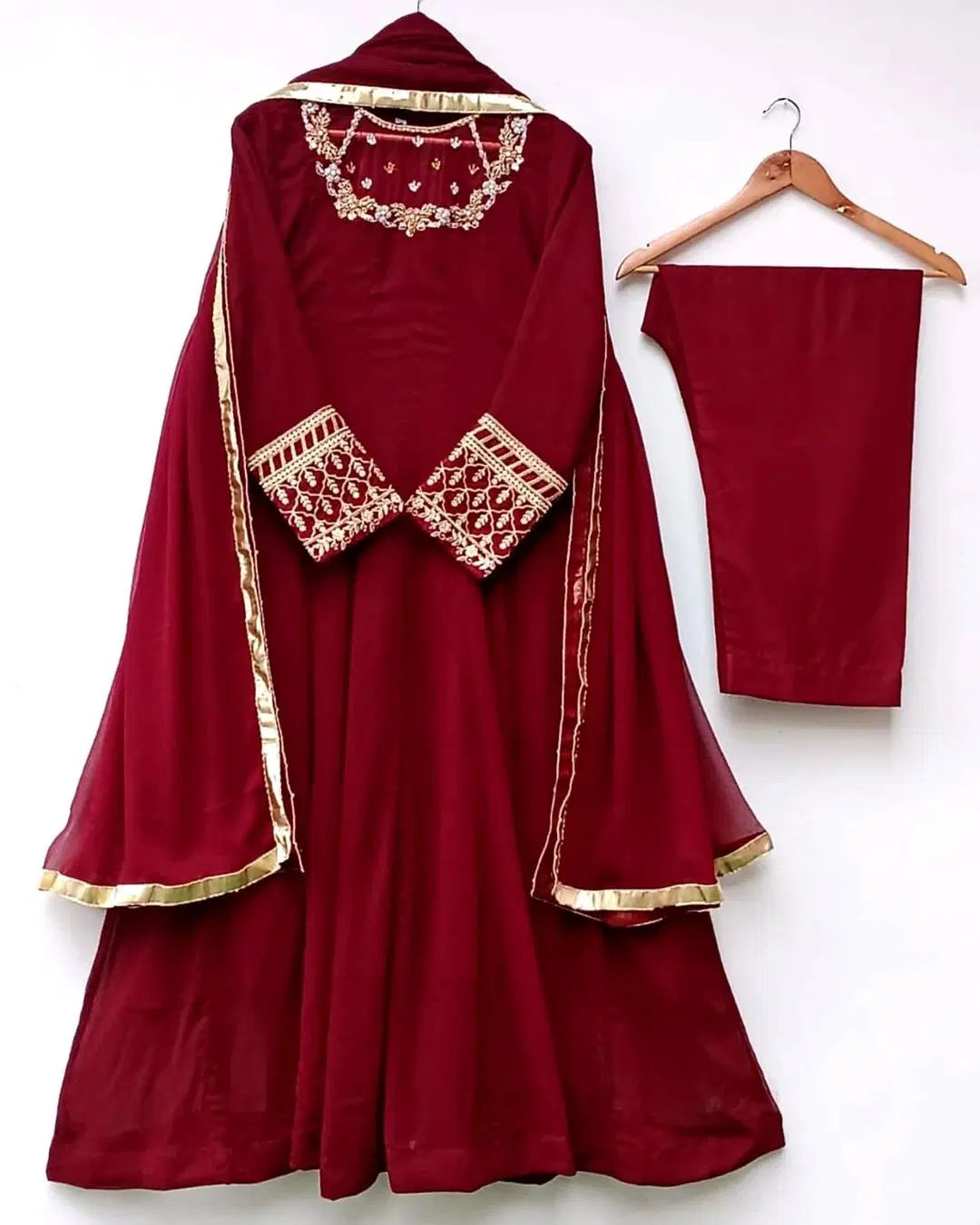 3 Pcs Women's Stitched Hand Work Maxi And Trouser (Maroon)