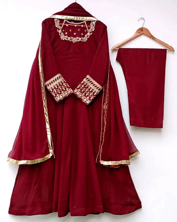 3 Pcs Women's Stitched Hand Work Maxi And Trouser (Maroon)