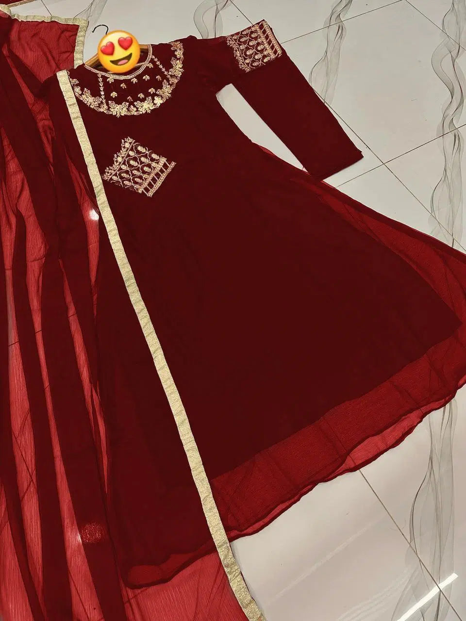 3 Pcs Women's Stitched Hand Work Maxi And Trouser (Maroon)