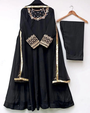 3 Pcs Women's Stitched Hand Work Maxi And Trouser (Black)