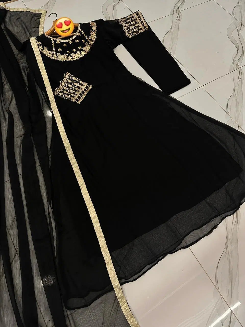 3 Pcs Women's Stitched Hand Work Maxi And Trouser (Black)
