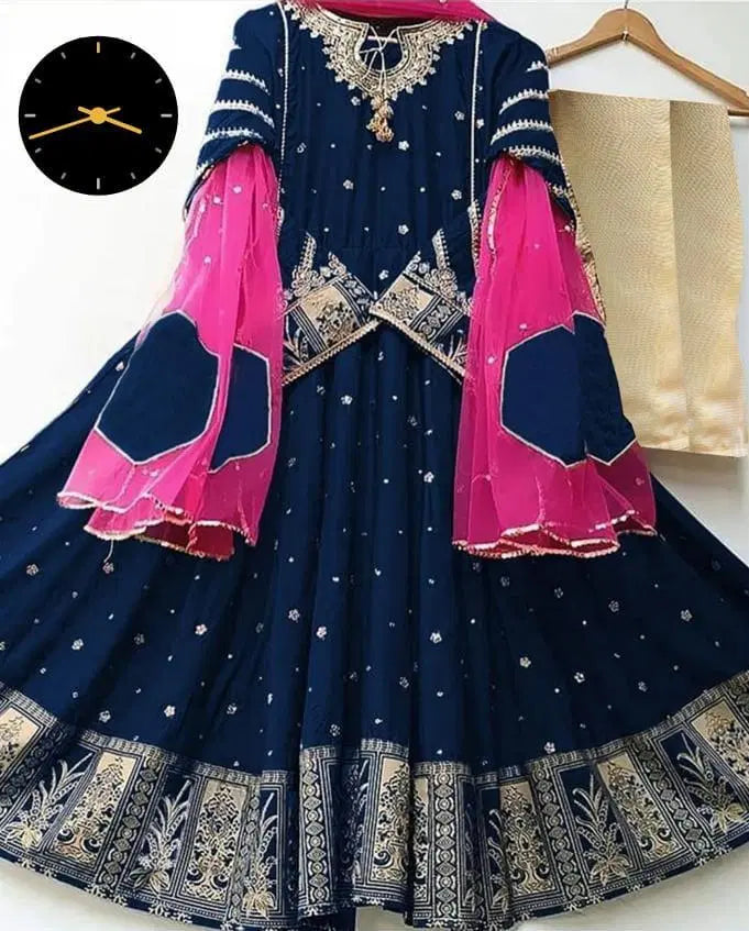 3 Pcs Women's Stitched Embroidered Maxi And Trouser (Blue)
