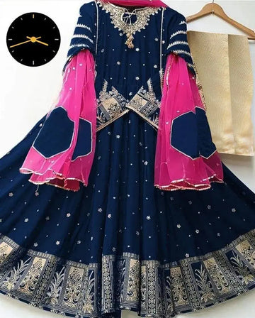 3 Pcs Women's Stitched Embroidered Maxi And Trouser (Blue)