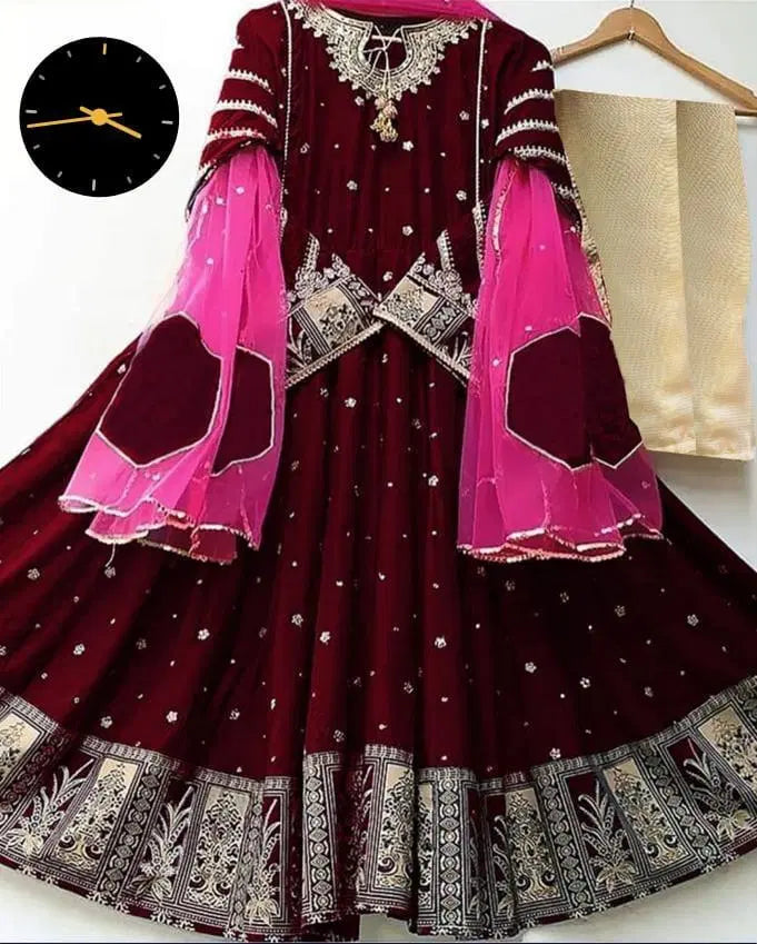 3 Pcs Women's Stitched Embroidered Maxi And Trouser (Maroon)