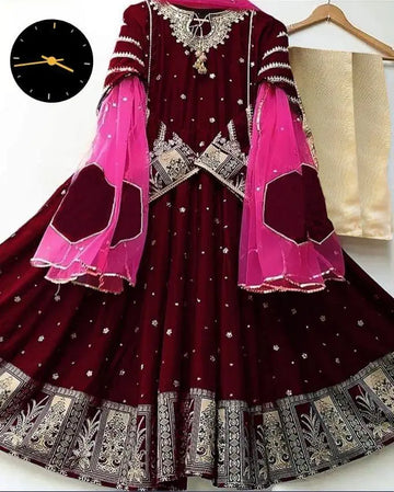 3 Pcs Women's Stitched Embroidered Maxi And Trouser (Maroon)