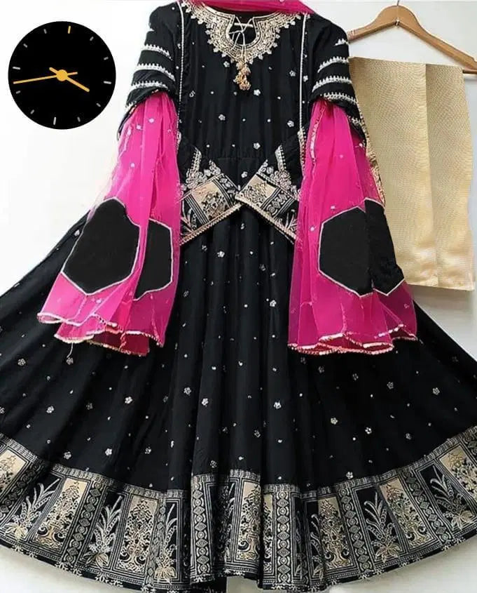 3 Pcs Women's Stitched Embroidered Maxi And Trouser (Black)